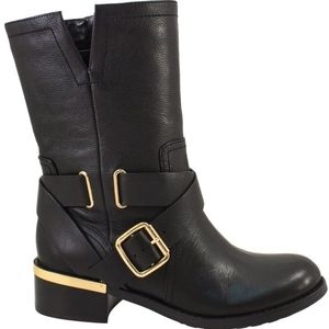 Vince Camuto Wethima Black Leather Gold Buckle Moto Biker Mid Calf Boots 7